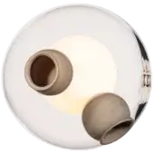 Bocci 28 wall light, chrome finish, features a central white sphere with two beige porcelain spheres, modern minimalist design.